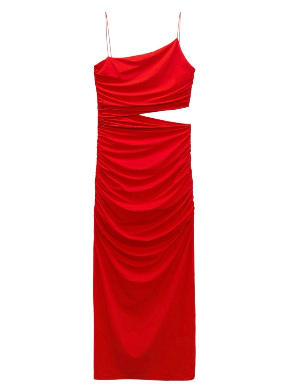 Zara Red Spaghetti-Strap Ruched Cutout Maxi Dress